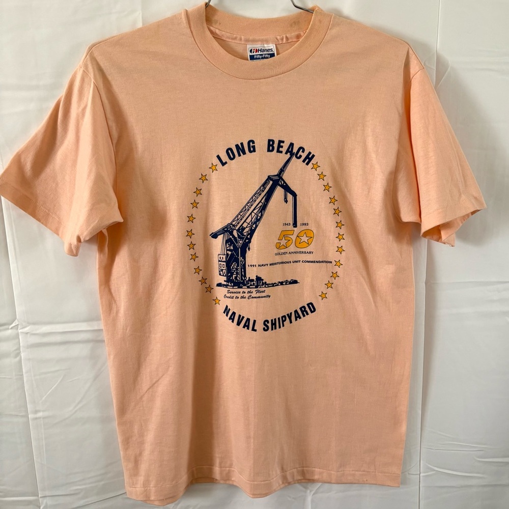 Vintage 90s single stitch Long Beach navy shipyard peach tshirt graphic large